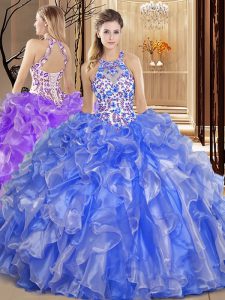 Low Price Scoop Backless Floor Length Blue Vestidos de Quinceanera Organza Sleeveless Embroidery and Ruffles