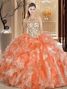 Orange Ball Gowns Organza Scoop Sleeveless Embroidery and Ruffles Floor Length Backless Sweet 16 Quinceanera Dress