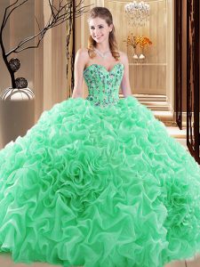Beautiful Fabric With Rolling Flowers Sleeveless Floor Length Quinceanera Dresses and Embroidery and Ruffles and Pick Up