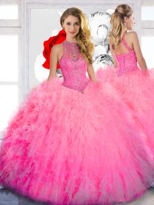 Flirting High-neck Sleeveless 15th Birthday Dress Floor Length Beading Baby Pink Tulle