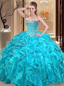 Modern Aqua Blue Ball Gowns Organza Sweetheart Sleeveless Beading and Ruffles Floor Length Lace Up Ball Gown Prom Dress