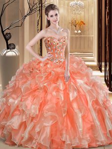 Low Price Sleeveless Floor Length Beading and Ruffles Lace Up Sweet 16 Quinceanera Dress with Orange