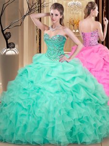 Spectacular Organza Sweetheart Sleeveless Lace Up Beading and Ruffles and Pick Ups Quince Ball Gowns in Apple Green