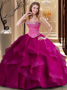 Flare Sweetheart Sleeveless 15th Birthday Dress Floor Length Beading and Ruffles Fuchsia Tulle