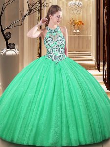 Perfect Green Sleeveless Floor Length Lace and Appliques Lace Up Quince Ball Gowns
