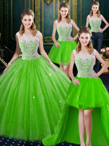 Four Piece Sleeveless Tulle Brush Train Zipper Quince Ball Gowns for Military Ball and Sweet 16 and Quinceanera