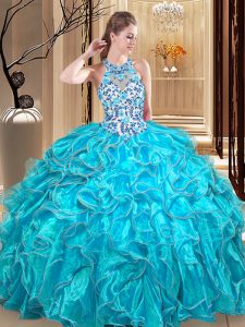Delicate Scoop Floor Length Ball Gowns Sleeveless Teal Quinceanera Gowns Backless