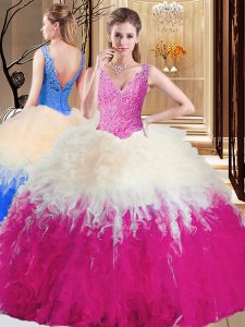 Fine Sleeveless Tulle Floor Length Zipper 15th Birthday Dress in Multi-color with Lace and Appliques and Ruffles
