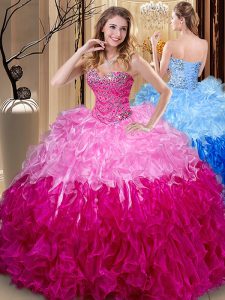 New Style Multi-color Organza Lace Up Quinceanera Gown Sleeveless Floor Length Beading and Ruffles