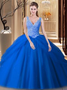 Blue Tulle Backless V-neck Sleeveless Floor Length Ball Gown Prom Dress Lace and Pick Ups