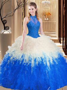 High-neck Sleeveless Backless Ball Gown Prom Dress Blue And White Tulle
