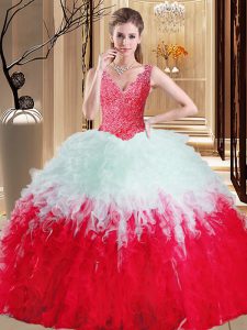 White And Red Sleeveless Floor Length Lace and Appliques and Ruffles Zipper Quinceanera Dresses