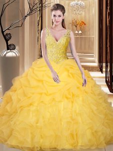 Lace and Appliques and Ruffles and Pick Ups Sweet 16 Dress Gold Backless Sleeveless Floor Length
