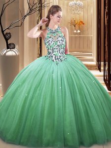 Suitable Green Quinceanera Gown Military Ball and Sweet 16 and Quinceanera and For with Lace and Appliques High-neck Sle