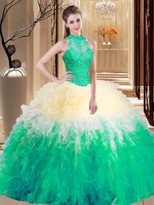 Multi-color Ball Gowns High-neck Sleeveless Organza Floor Length Backless Lace and Appliques and Ruffles 15th Birthday D