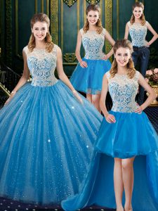 Luxurious Four Piece Baby Blue Ball Gowns Tulle High-neck Sleeveless Lace Floor Length Zipper Sweet 16 Dresses Brush Tra