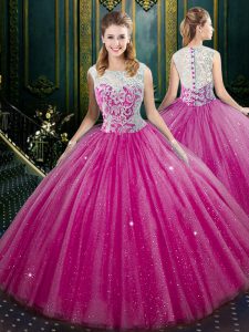 Fuchsia Sleeveless Floor Length Lace Zipper Sweet 16 Quinceanera Dress