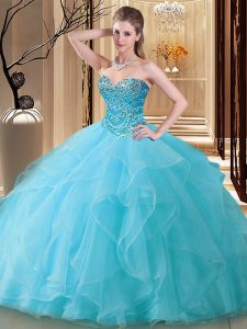 Simple Beading Quince Ball Gowns Aqua Blue Lace Up Sleeveless Floor Length