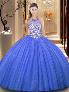 Custom Fit Blue High-neck Neckline Lace and Appliques Quinceanera Dress Sleeveless Lace Up