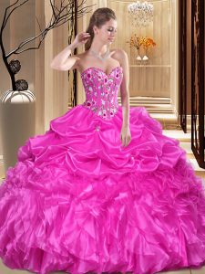 Floor Length Lace Up Quinceanera Gown Fuchsia for Military Ball and Sweet 16 and Quinceanera with Embroidery and Ruffles