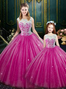Hot Pink Tulle Lace Up Sweet 16 Dress Sleeveless Floor Length Lace