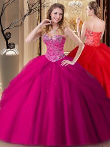 Shining Fuchsia Ball Gowns Beading Sweet 16 Dresses Lace Up Tulle Sleeveless Floor Length