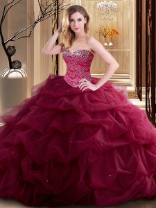 Stylish Burgundy Ball Gown Prom Dress Military Ball and Sweet 16 and Quinceanera and For with Beading and Ruffles Sweeth