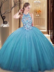 Custom Made Sleeveless Floor Length Lace and Appliques Lace Up 15 Quinceanera Dress with Blue
