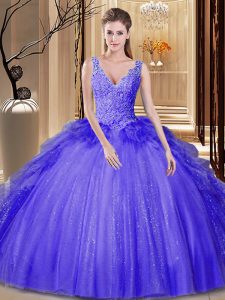 Sequins V-neck Sleeveless Backless Vestidos de Quinceanera Lavender Tulle and Sequined