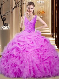 Lilac Organza Backless Sweet 16 Dresses Sleeveless Floor Length Lace and Ruffles and Pick Ups