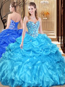 Admirable Aqua Blue Organza Lace Up 15th Birthday Dress Sleeveless Floor Length Lace and Appliques