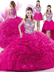 Customized Four Piece Pick Ups Hot Pink Sleeveless Organza Zipper Quinceanera Gowns for Military Ball and Sweet 16 and Q