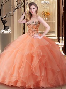 Orange Lace Up Sweet 16 Quinceanera Dress Beading Sleeveless Floor Length
