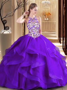Amazing Purple Scoop Neckline Embroidery Quinceanera Gowns Sleeveless Lace Up