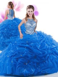 Zipper Sweet 16 Dresses Royal Blue for Military Ball and Sweet 16 and Quinceanera with Ruffles Court Train