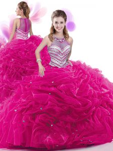 Zipper Quinceanera Gowns Fuchsia for Military Ball and Sweet 16 and Quinceanera with Ruffles and Pick Ups Court Train