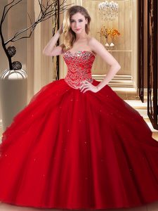 Fantastic Sleeveless Tulle Floor Length Lace Up Quinceanera Dress in Red with Beading