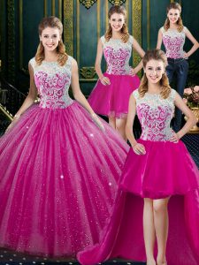 Four Piece Floor Length Fuchsia Sweet 16 Quinceanera Dress Tulle Sleeveless Lace