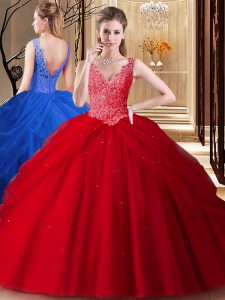 Red Ball Gowns V-neck Sleeveless Tulle Floor Length Backless Lace and Appliques and Pick Ups Quinceanera Gown