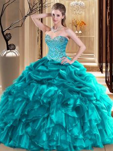 Free and Easy Sleeveless Floor Length Beading and Pick Ups Lace Up Quince Ball Gowns with Teal