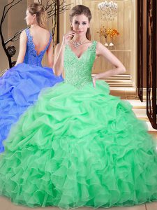 Pick Ups Floor Length Apple Green 15 Quinceanera Dress V-neck Sleeveless Backless