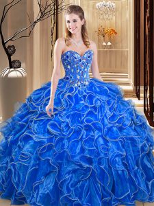 Custom Made Royal Blue Sweetheart Neckline Embroidery and Ruffles Quinceanera Gowns Sleeveless Lace Up