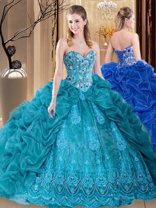 Luxury Sleeveless Organza Floor Length Lace Up 15th Birthday Dress in Teal with Embroidery and Pick Ups