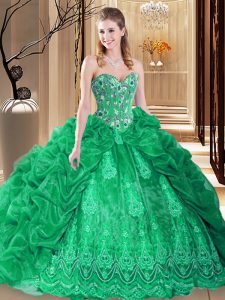 Low Price Green Lace Up 15th Birthday Dress Embroidery and Pick Ups Sleeveless Court Train