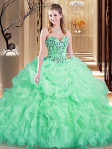 Organza Sleeveless Quinceanera Gowns Brush Train and Embroidery and Ruffles