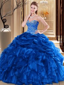 Pick Ups Ball Gowns Quinceanera Dresses Royal Blue Sweetheart Organza Sleeveless Floor Length Lace Up