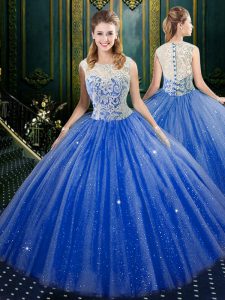 Classical Ball Gowns 15th Birthday Dress Royal Blue High-neck Tulle Sleeveless Floor Length Zipper
