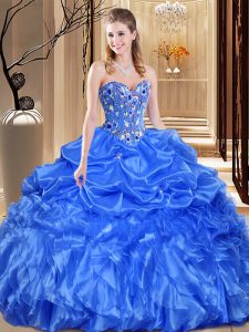 Floor Length Royal Blue Quinceanera Gowns Organza Sleeveless Lace and Appliques