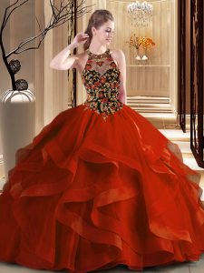 Noble Scoop Embroidery and Ruffles Sweet 16 Quinceanera Dress Rust Red Backless Sleeveless Brush Train