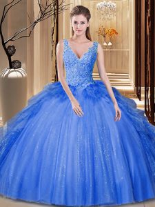Sequins Pick Ups V-neck Sleeveless Backless Quinceanera Dress Royal Blue Tulle